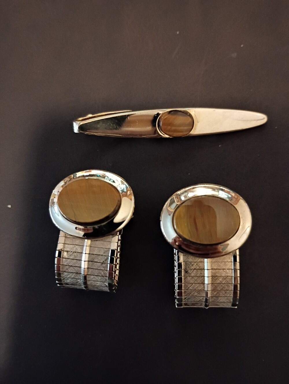 Vintage 1970's Cuff Links and Tie Clip Gold Tone Tigers Eye Stone